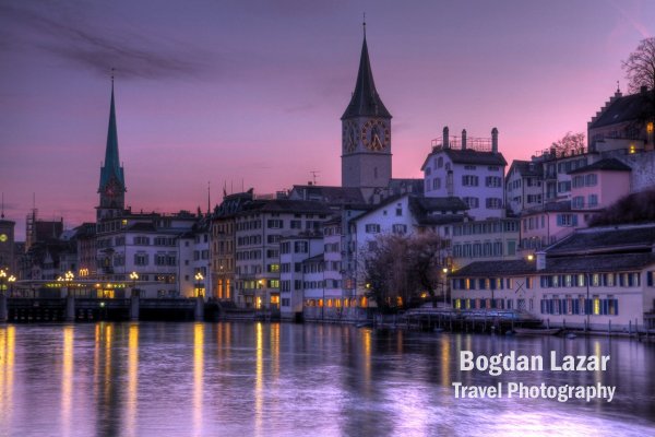 Purple skies over Zurich's skyline, Switzerland